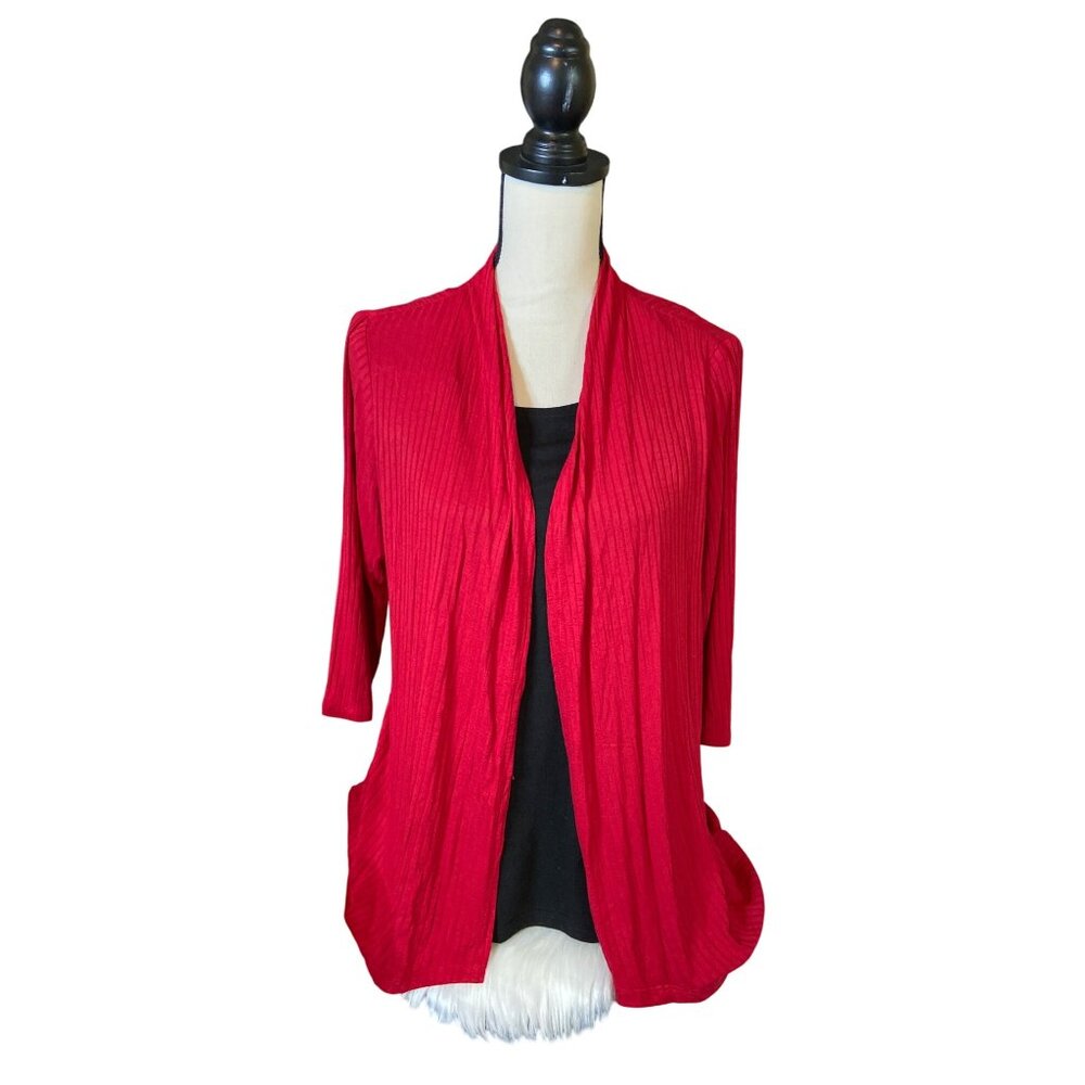 Kim Rogers Womens Ribbed Cardigan Medium Red Open Front 3/4 Sleeves Casual